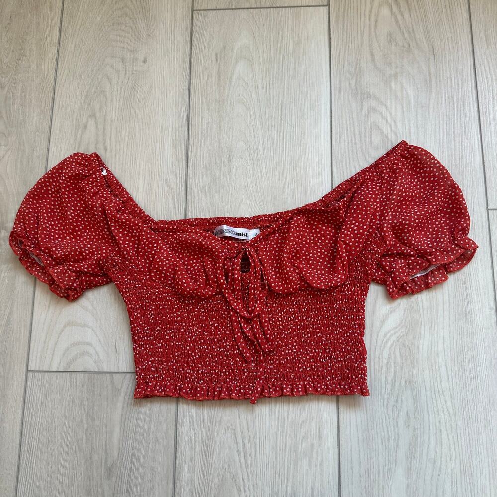 Morning Mist red polka dot off shoulder bustier milkmaid smocked crop top